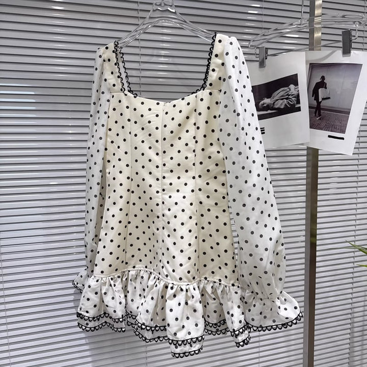 【tops】ドット柄フレアシャツ Q7901