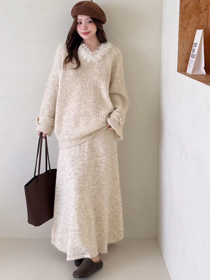 【set】ファーネックニットトップス×ロングスカートセット Q6956