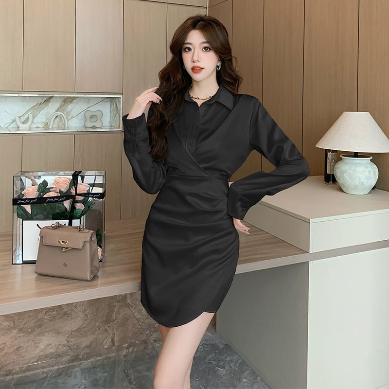 【dress】シンプルVネック通勤風シャツワンピース　M17674