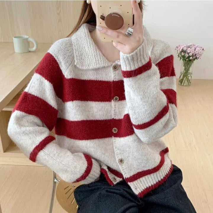 【outer】ボーダー柄ニットカーデ　M28610