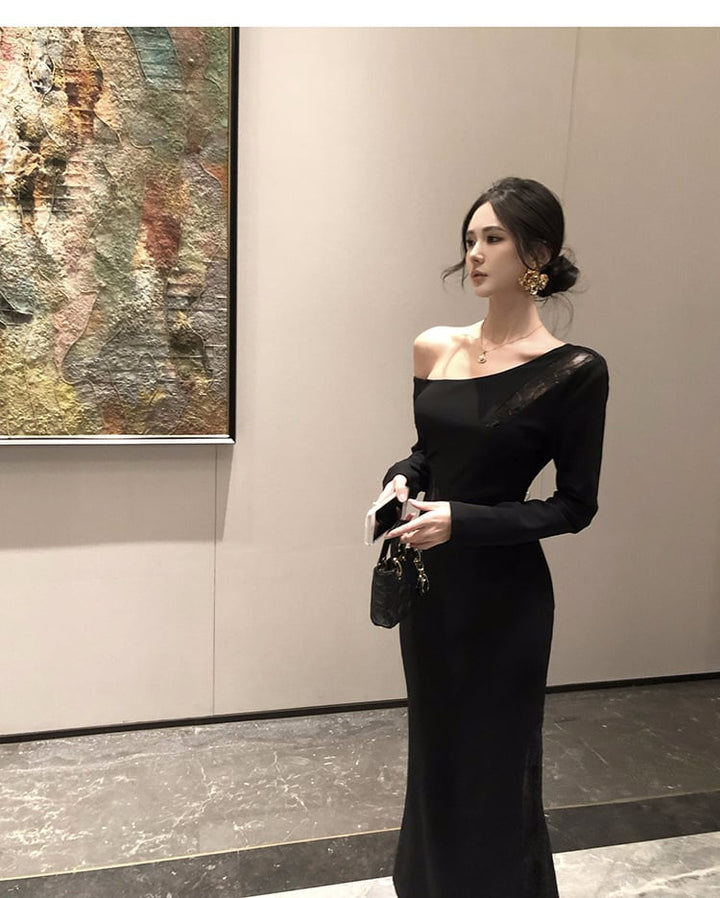 【dress】オフショルダーレース切り替えワンピース　M28707