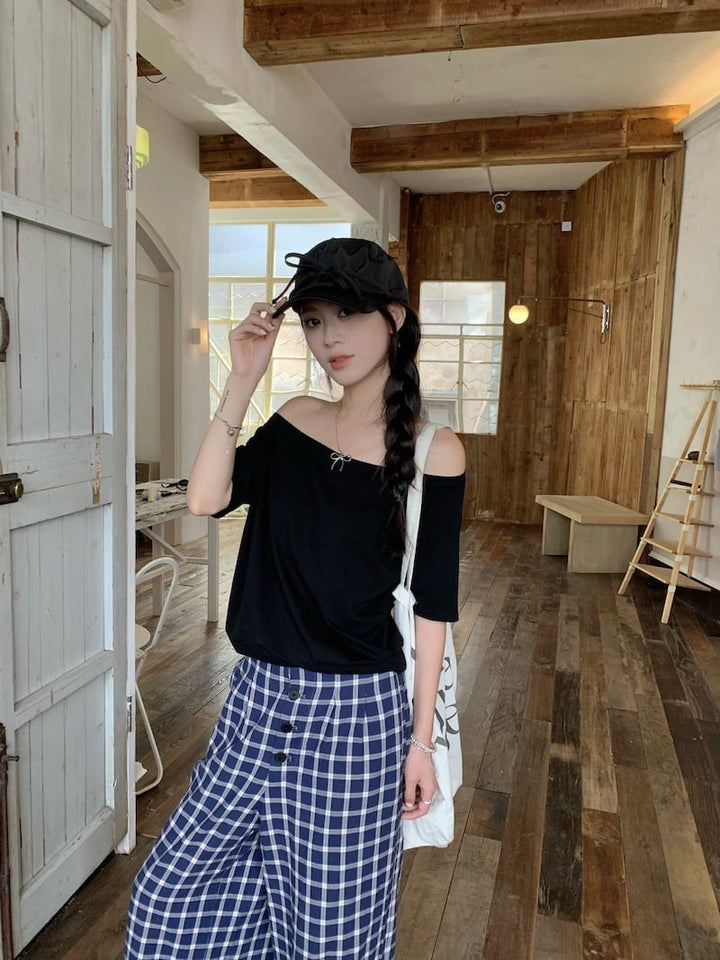 【set】Tシャツ×チェック柄パンツセット　M25040