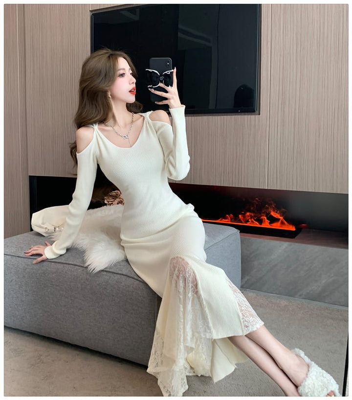 【dress】レースドッキングニットワンピース　M26551