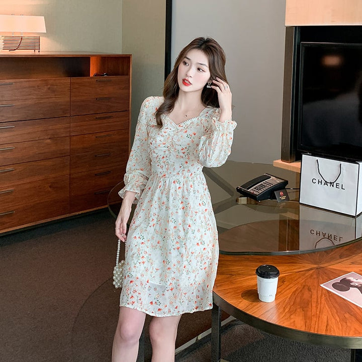 【dress】パフスリーブスウィート花柄ワンピース　M17075