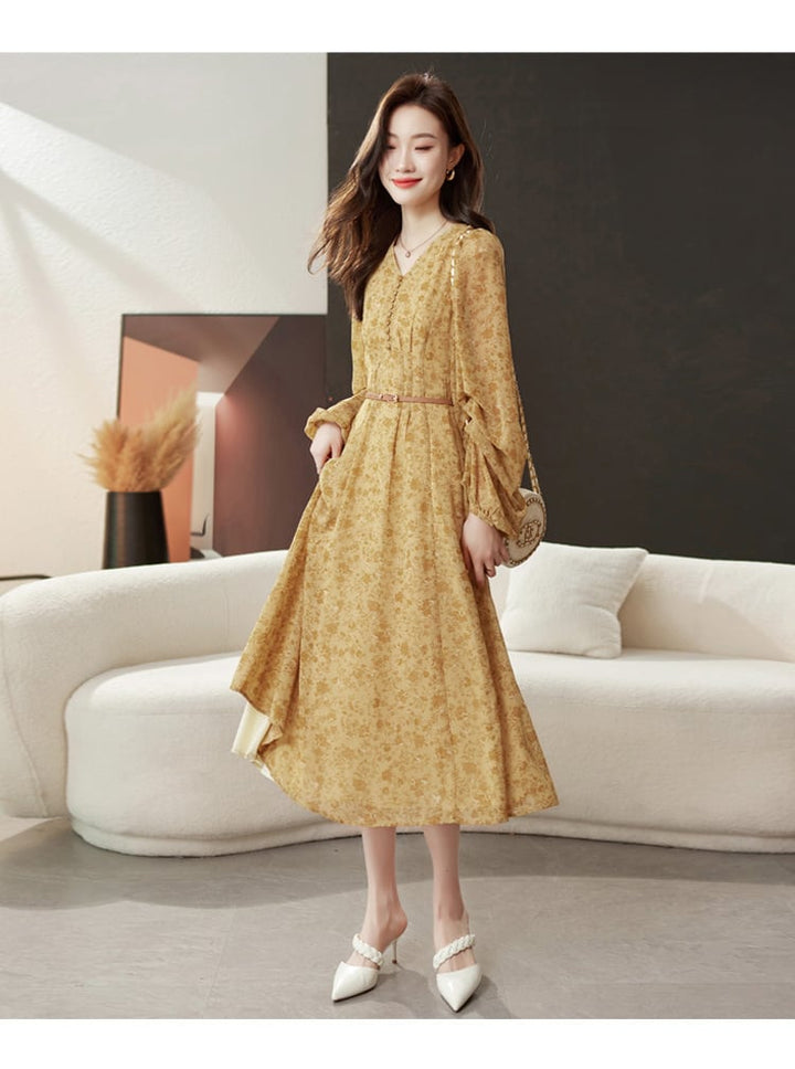 【dress】輝いて超人気 ! Vネック花柄ワンピースベルト付き　M17029