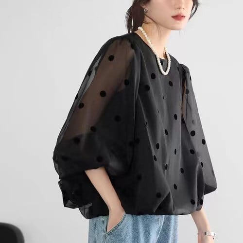 【tops】ドット柄切り替えトップス　M26990