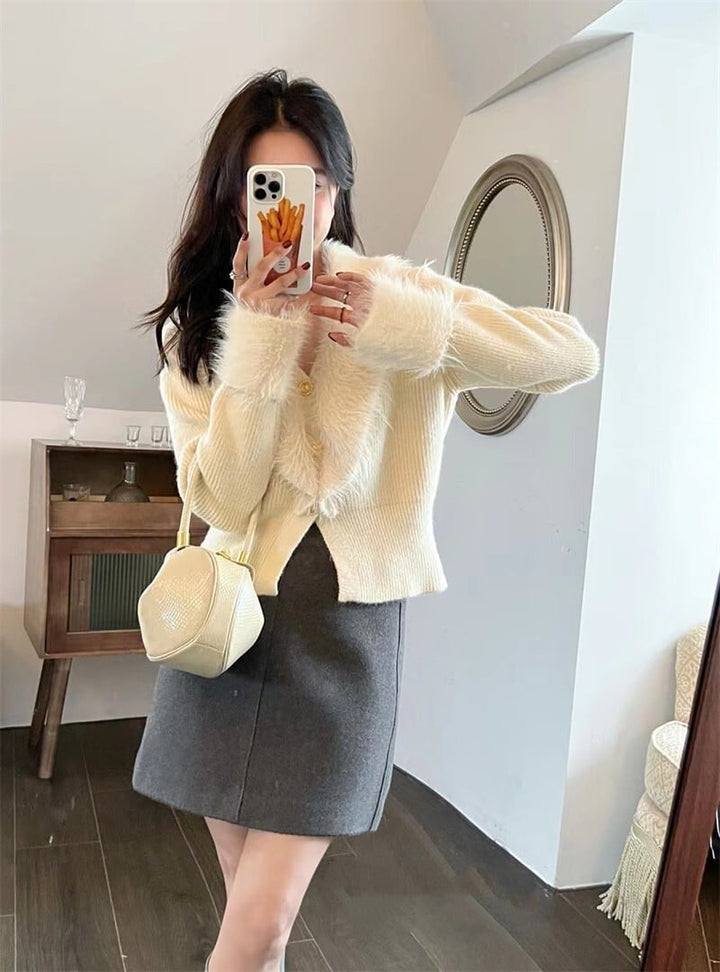【outer】Vネックファーニットカーデ　M18120