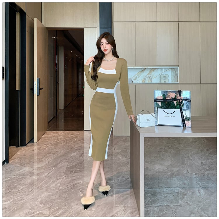 【dress】早い者勝ち切り替えニットワンピース着瘦せ　M17510