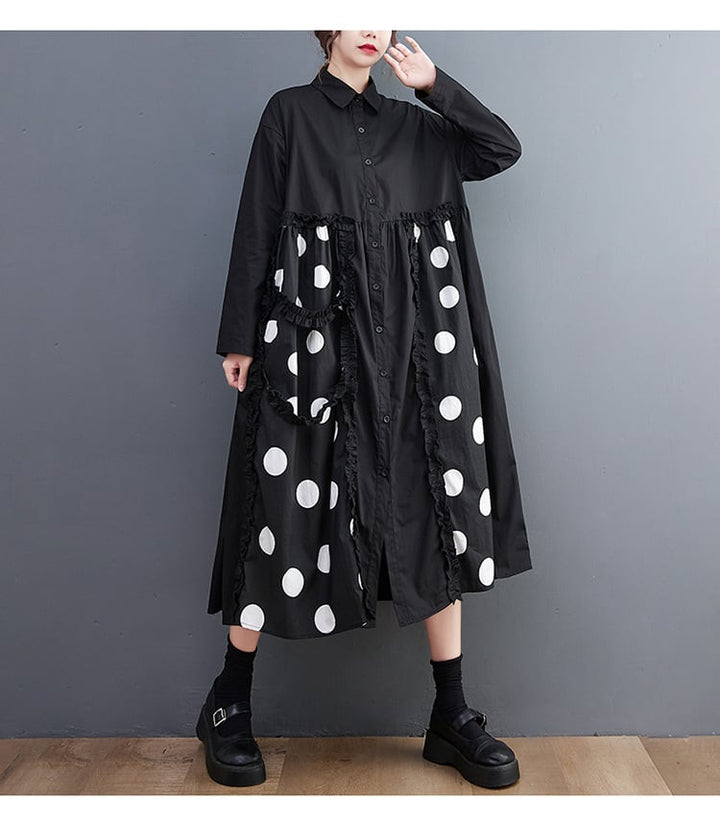 【dress】韓国系プリント切り替えシャツワンピースゆったり　M17448
