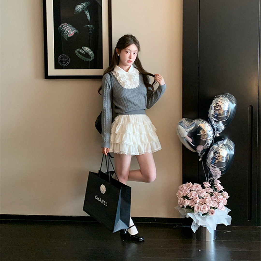 【tops】レースフリルドッキングニットトップス　N3362