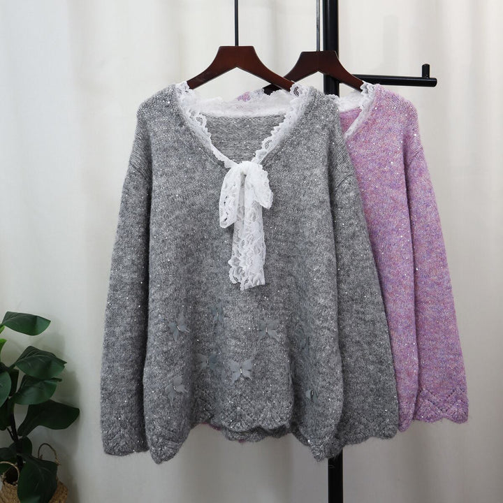 【tops】レース切り替えニットセーター　M28399
