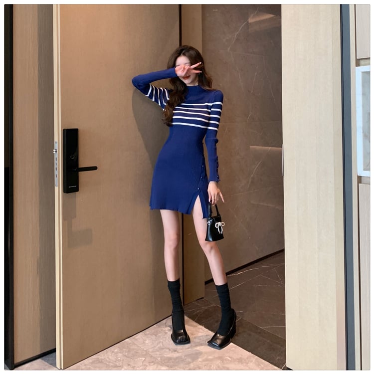 【dress】ボーダー柄スリットニットワンピース　M17966