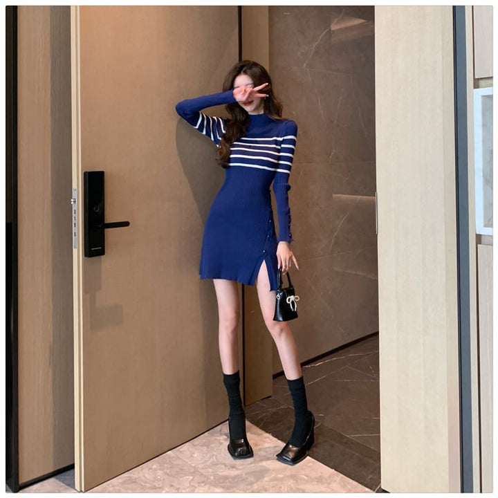 【dress】ボーダー柄スリットニットワンピース　M17966
