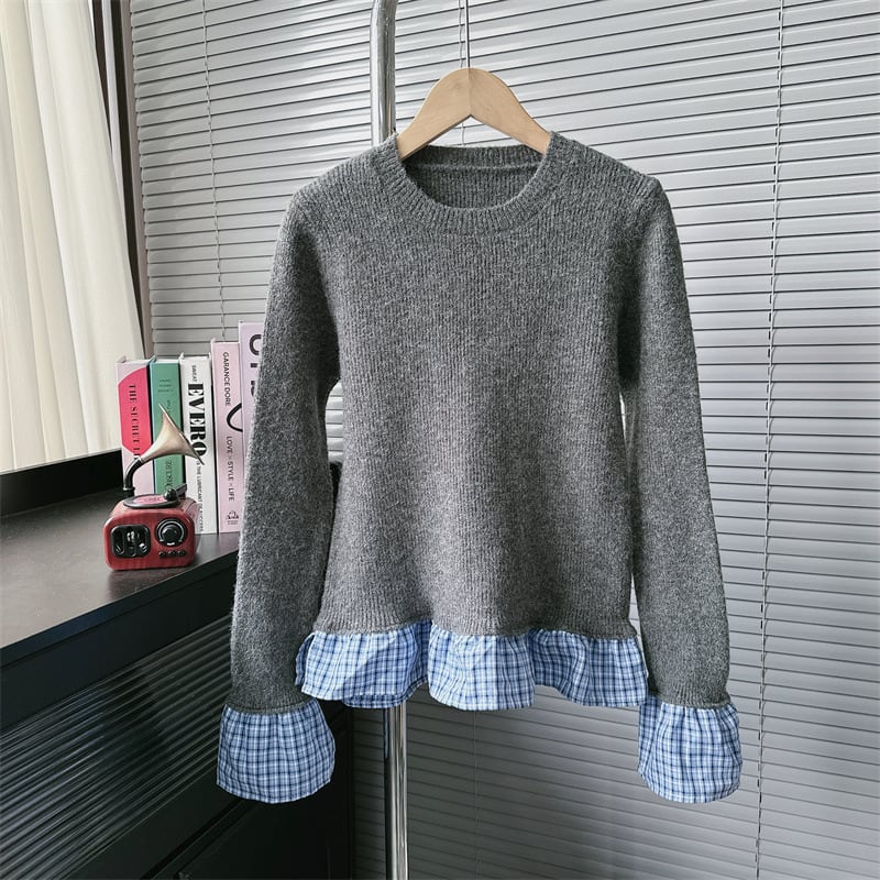 【set】チェック柄切り替えニットセーター×スカートセット　M28388
