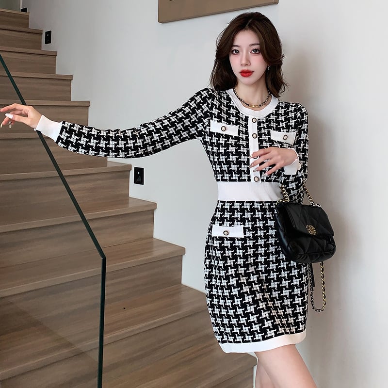 【dress】千鳥格子ニットワンピース　M17627