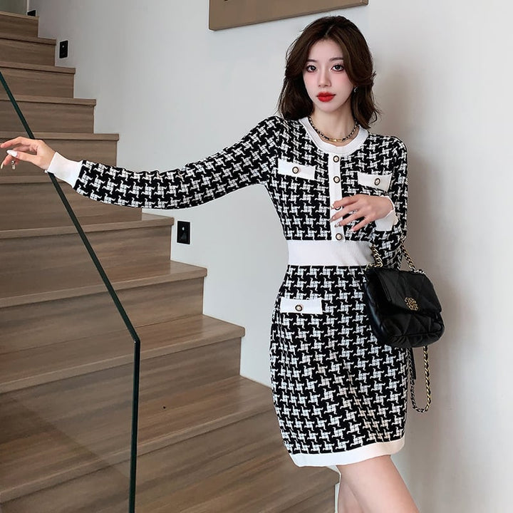 【dress】千鳥格子ニットワンピース　M17627