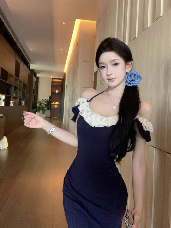 【dress】スリット入れレースドッキングロングワンピース Q8315