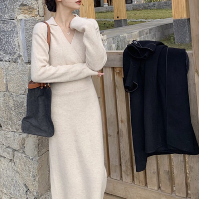 【dress】Vネック折り襟ニットワンピース　M17909