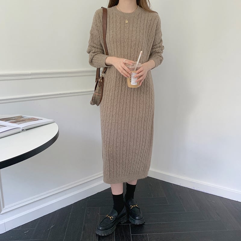 【dress】韓国系無地ニットワンピース着心地良い　M17658