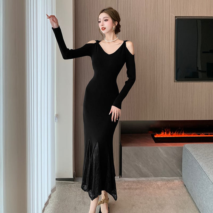 【dress】レースドッキングニットワンピース　M26551