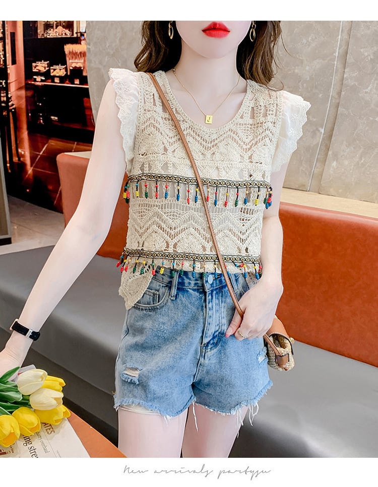 【tops】大人可愛いカットワークノースリーブトップス　M17059