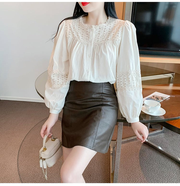 【tops】 爽やかな印象レース切り替え2色シャツトップス　M17297