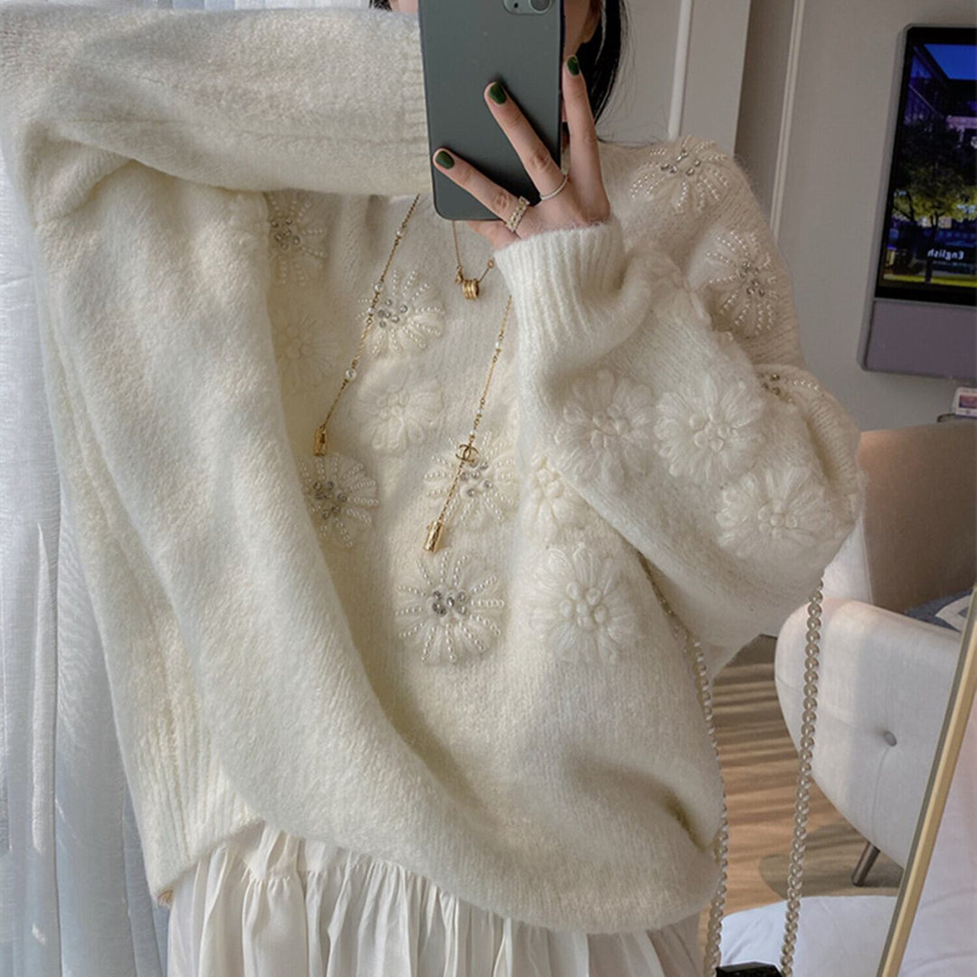 【tops】立体フラワーパールニットトップス　N2807