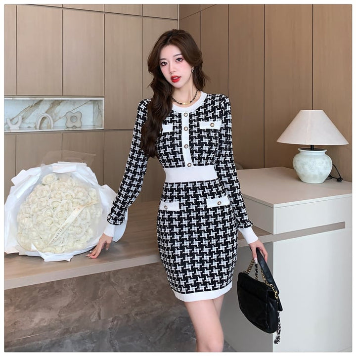 【dress】千鳥格子ニットワンピース　M17627