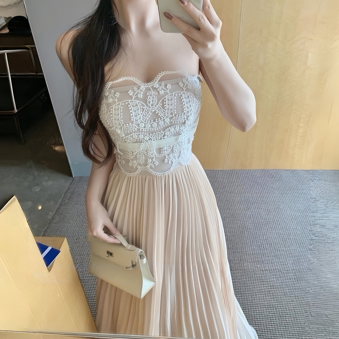 【dress】レースドッキングプリーツロングワンピース N3526