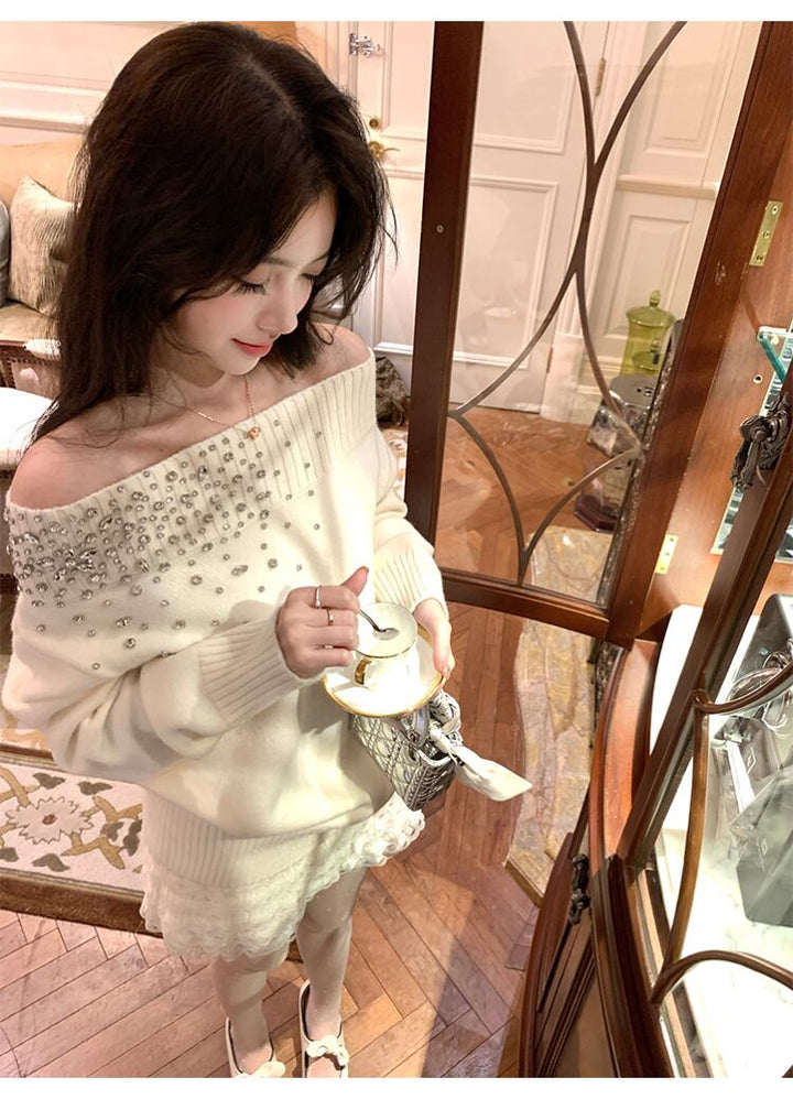 【tops】オフショルビジューニットトップス N3425