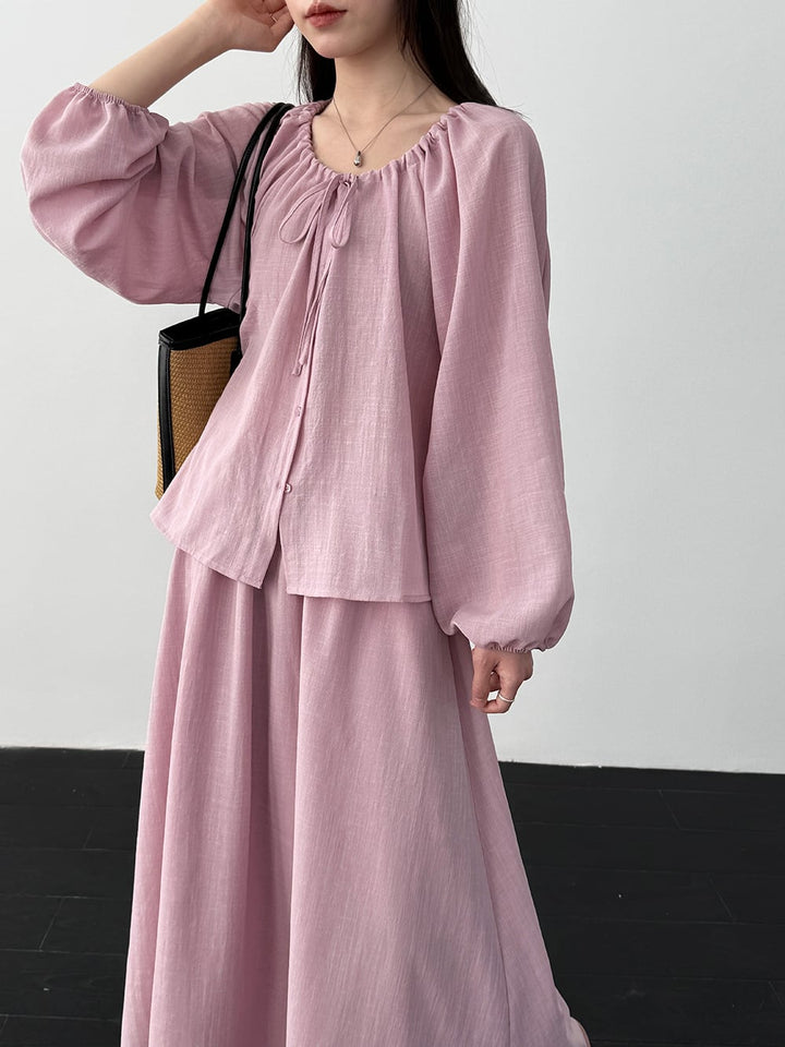 【set】リボン付きトップス×ロングスカートセット Q8324