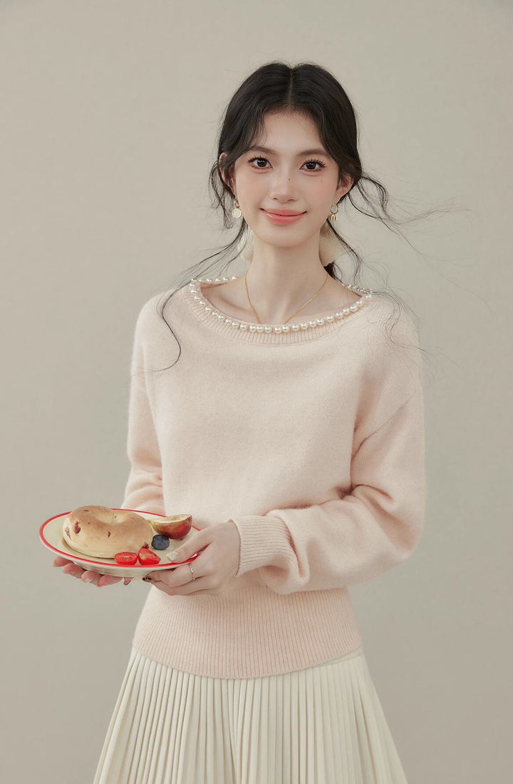 【tops】パール付きニットトップス Q7593