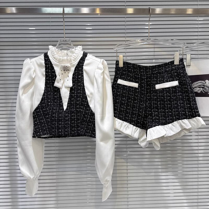 【set】フェイクレイヤードシャツ×ギャザーフリルショートパンツセット Q7571