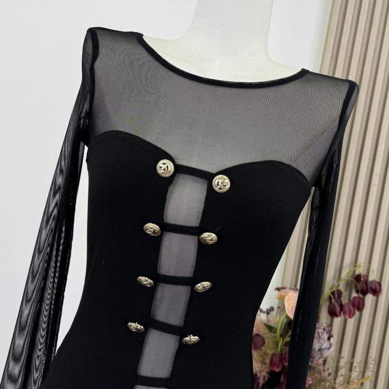 【tops】透け感チュールドッキングニットトップス Q7956