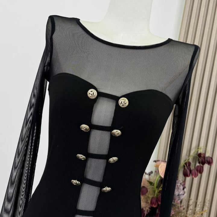 【tops】透け感チュールドッキングニットトップス Q7956