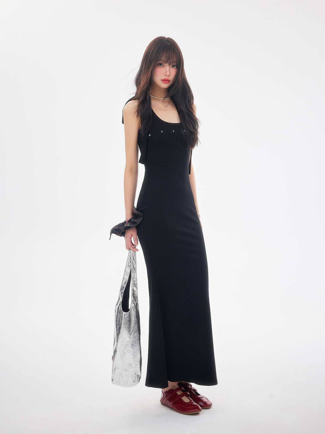 【dress】ショルダーリボンシェイプリブカットロングワンピース　N3520