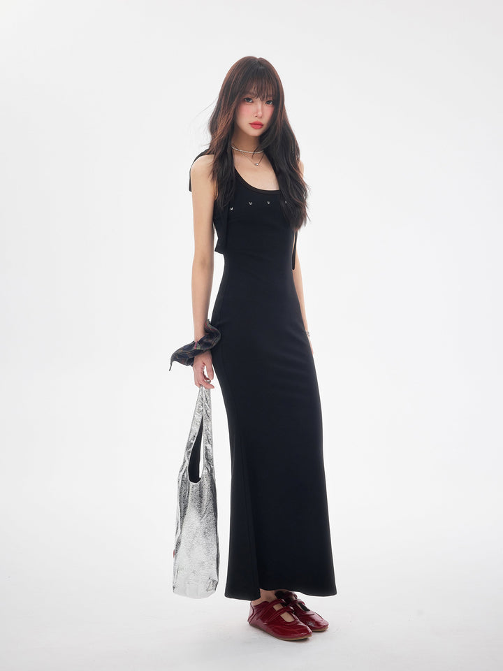 【dress】ショルダーリボンシェイプリブカットロングワンピース　N3520