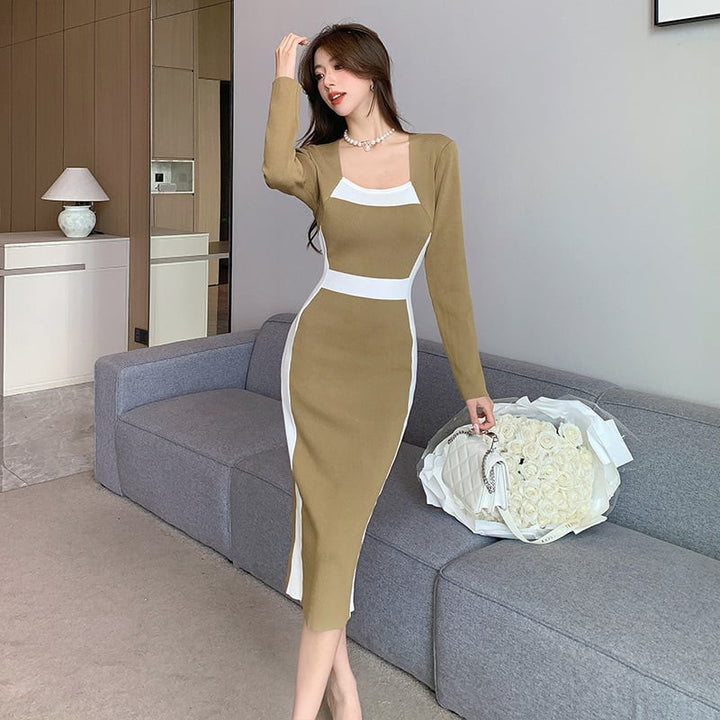 【dress】早い者勝ち切り替えニットワンピース着瘦せ　M17510