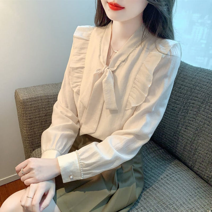 【tops】美人度アップリボン付きシャツトップス超人気　M17338