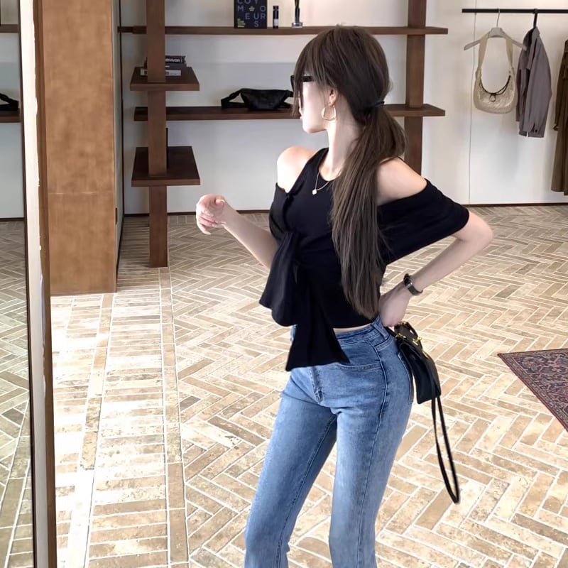 【tops】オープンショルダーフェイクレイヤードトップス Q8296