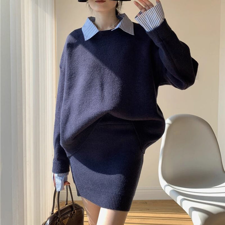 【set】フェイクレイヤードニットトップス×ミニスカートセット Q6963