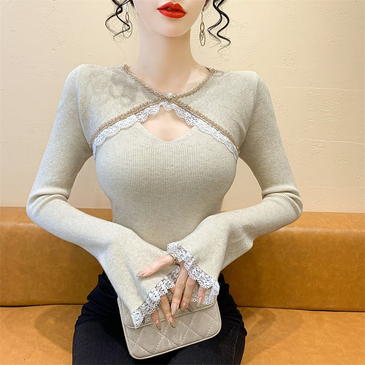【tops】ビジューレース切り替えニットトップス　M27966