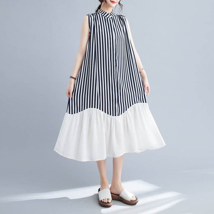 【dress】韓国系ストライプ柄ノースリーブワンピース　M16946