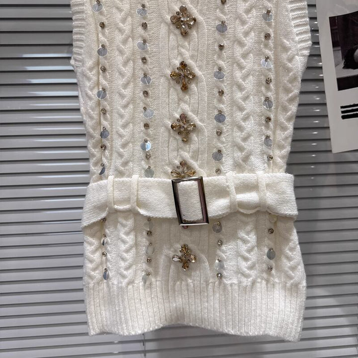 【tops】ラインストーン付きハイネックニットベスト Q7607