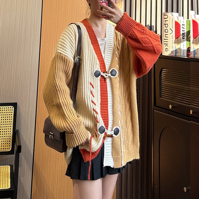 【outer】ドッキングVネック配色ニットカーデ　M17886