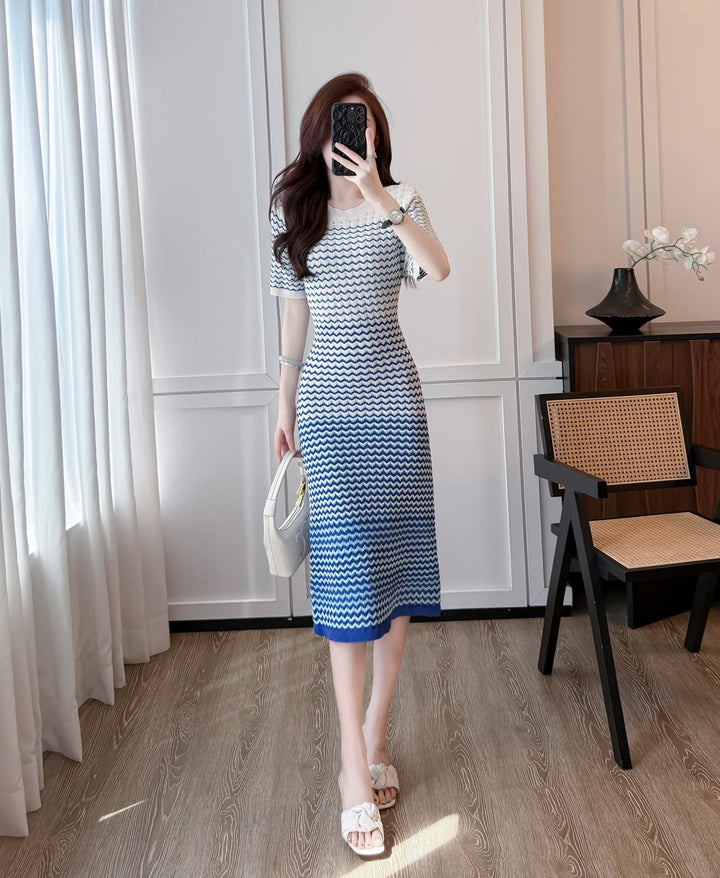 【dress】ウェーブ柄半袖ニットワンピース Q8489