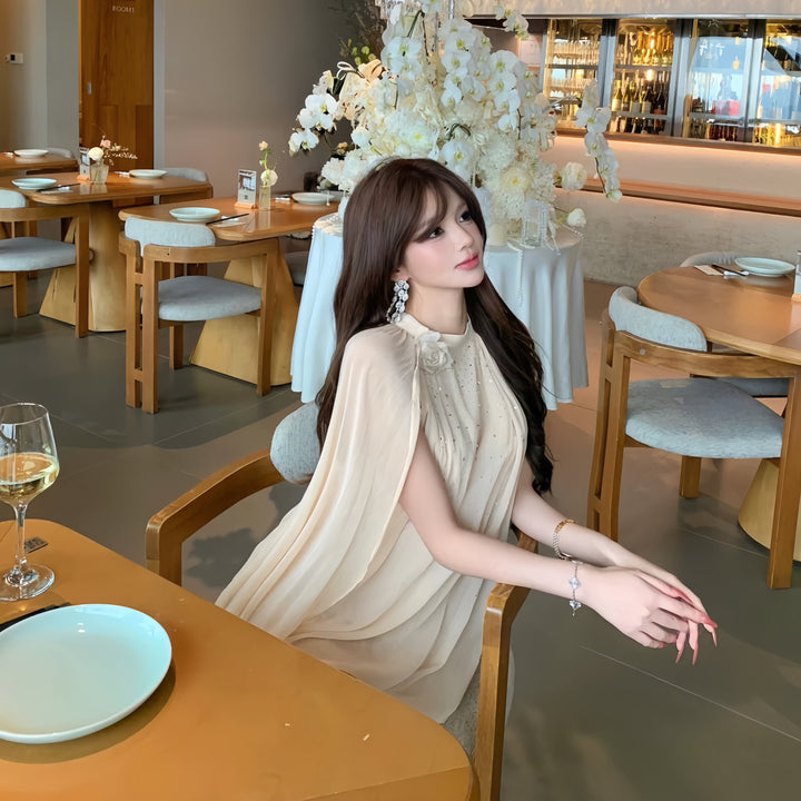 【dress】ラインストーン付きシフォンミニワンピース Q8345