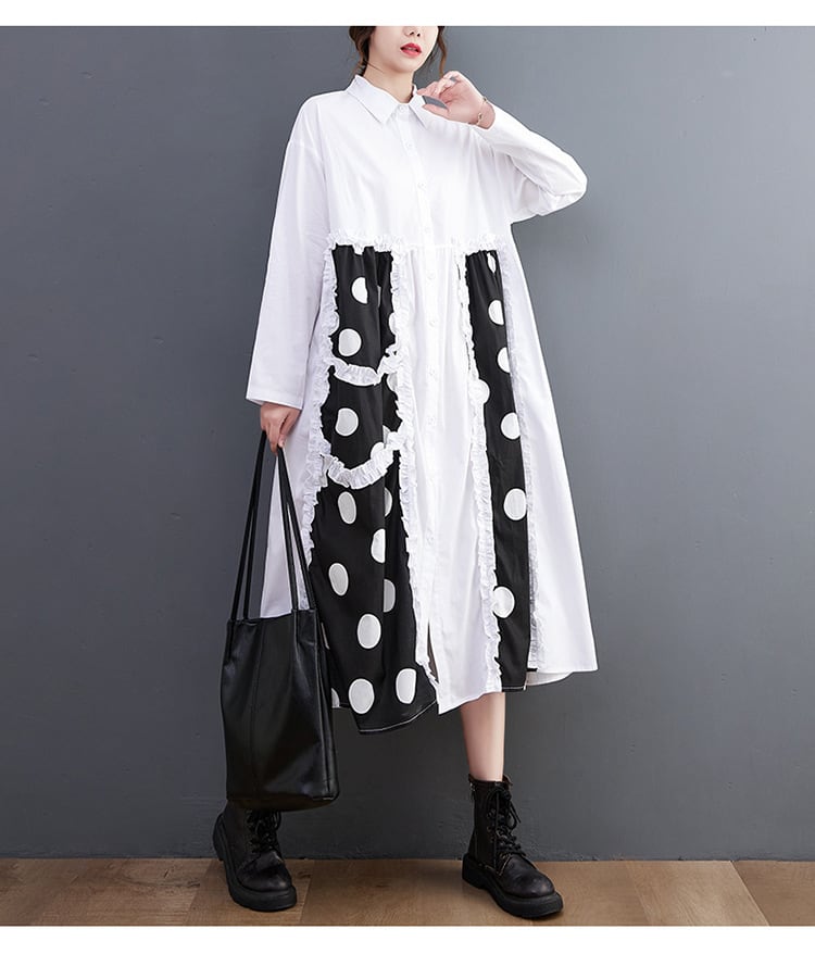 【dress】韓国系プリント切り替えシャツワンピースゆったり　M17448