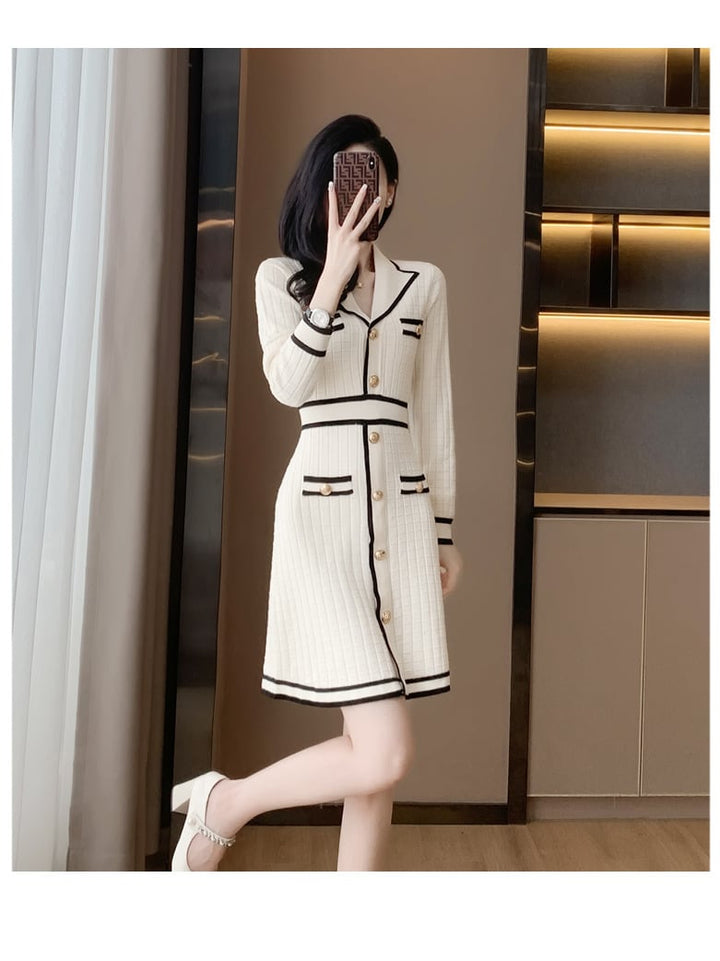 【dress】気質満点 エレガントVネックニットワンピース　M17508