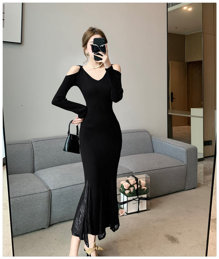 【dress】レースドッキングニットワンピース　M26551